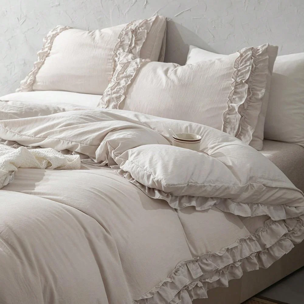 3pcs koren ruffles beige Duvet Cover Set (1*Duvet Cover + 2*Pillowcase, Without Core),pink Bedding Set