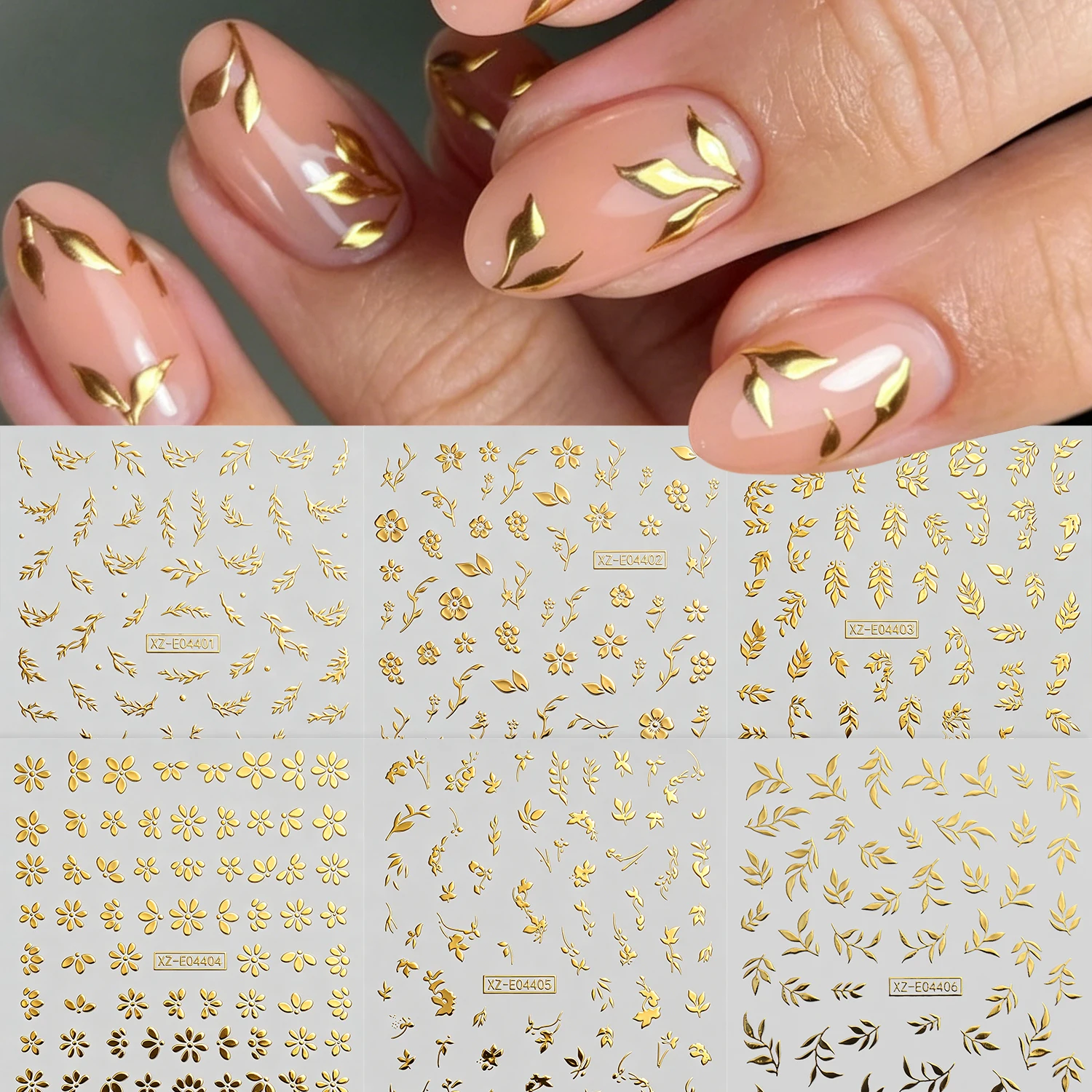 6pcs Gold Sliver Leaves Pattern Nail Decals 3D Metallic Golden Five Petal Flowers Willow Leaves Nail Stickers DIY Manicure Decor