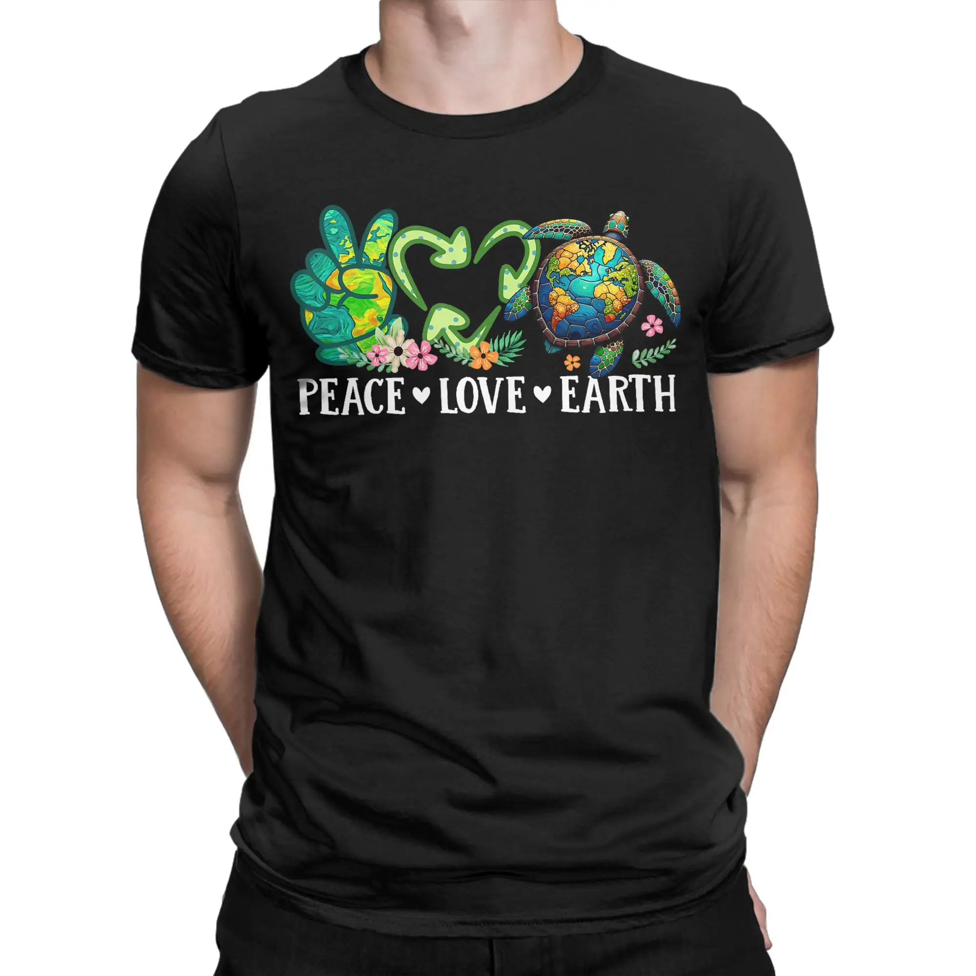 Earth Love Power Peace World Men T Shirt  Leisure Tee Shirt Short Sleeve Round Neck T-Shirts Cotton Plus Size Tops
