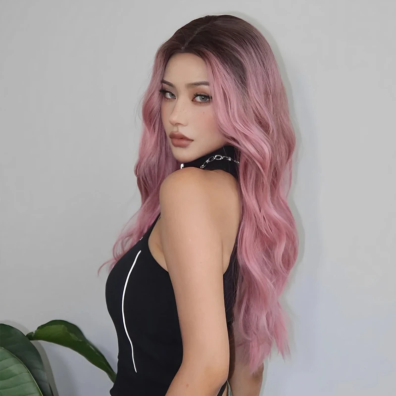 Ombre rosa perucas de cabelo sintético rosa parte média longa peruca ondulada para mulheres resistente ao calor cabelo falso rosa festa cosplay peruca