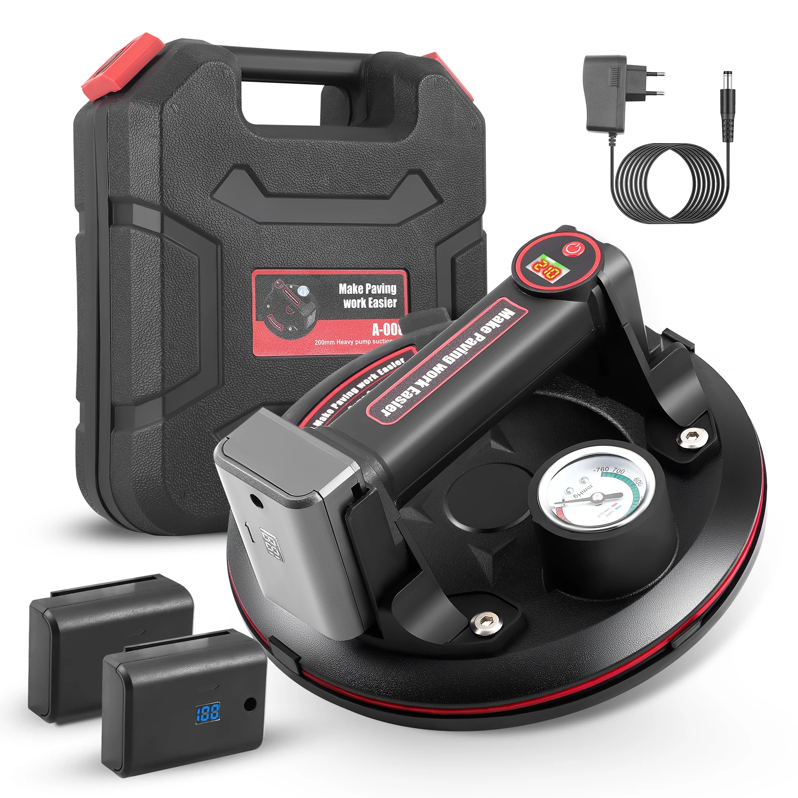 

Electric Suction Lifter with 2 Batteries, Battery Tile Lifter with Pressure Gauge, Suction Cups, Glass Lifter, Max. 250 kg Load