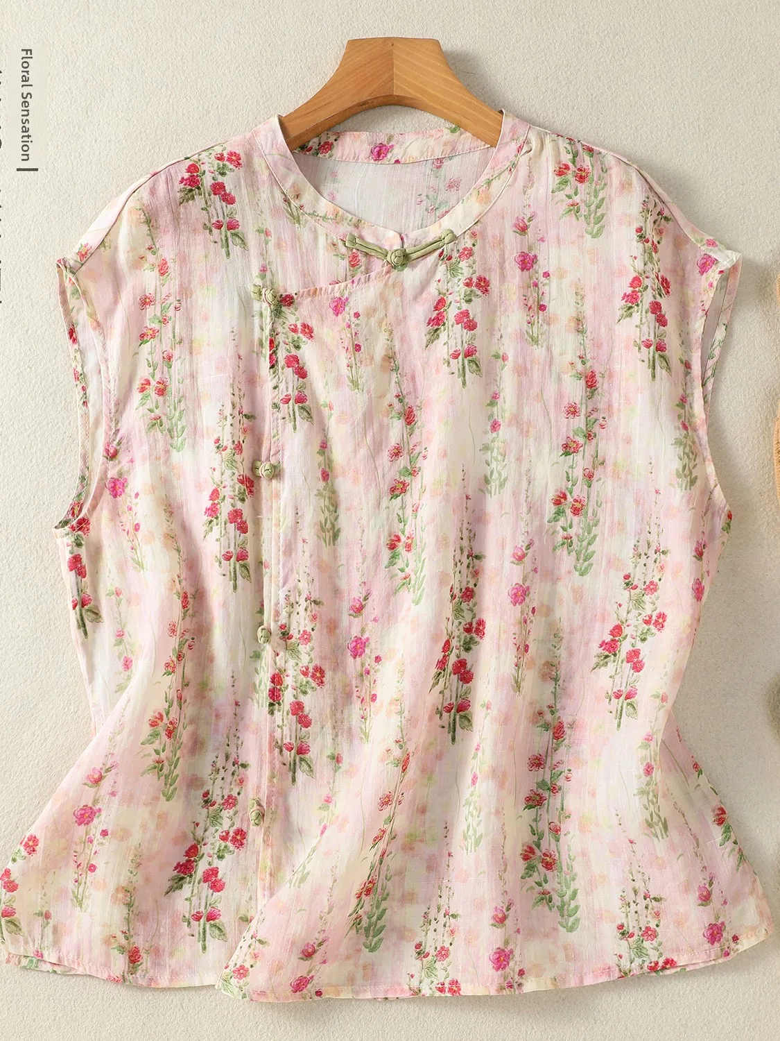 

Anti-Aging Large Size Women's Shirt Moon Sleeve Asymmetrical Lapel Button Floral Print Cotton Silk Polyester Summer ...