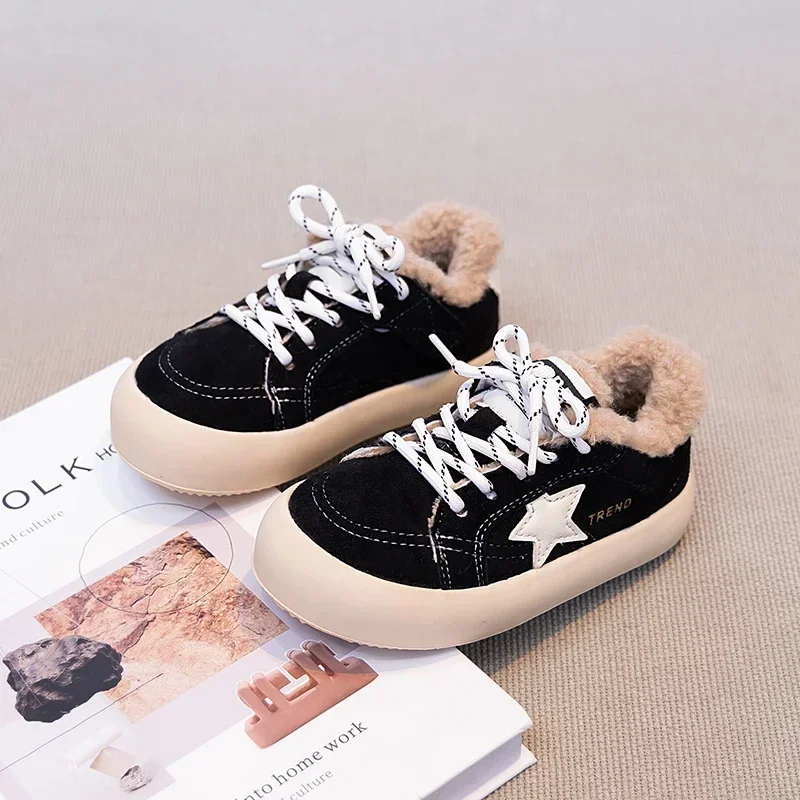Toddler Kids Winter Star Sneakers Fleece Lined Warm Lace‑Up Non‑Slip Thick Sole For Cold Weather Daily Outdoor Casual Wear