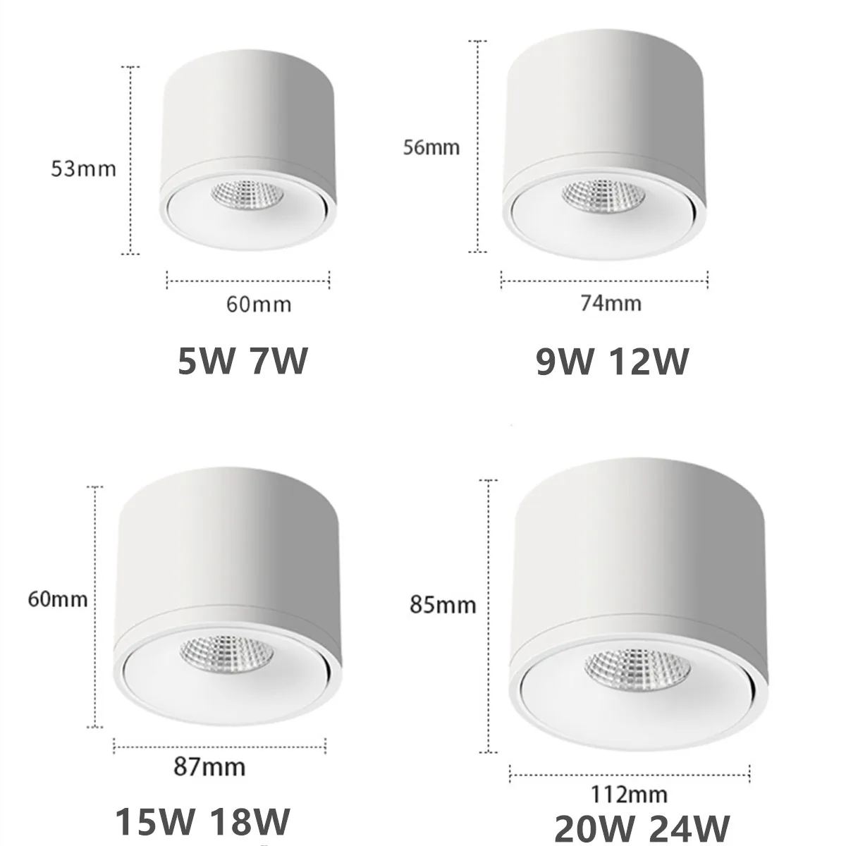 밝기 조절 LED 다운라이트 천장 조명, 표면 장착 AC 7W 10W 12W 실내 흰색/검정색 천장 조명 회전식 COB 스포트 라이트