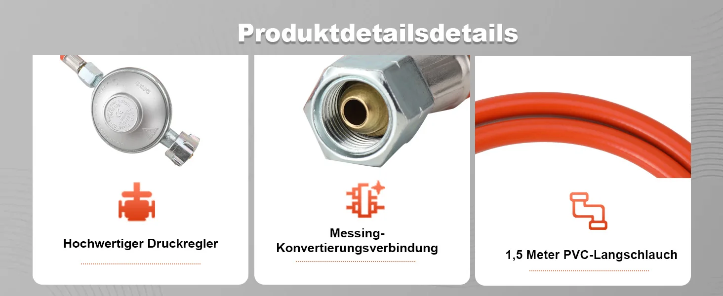 1 Set Gasschlauch 150cm Druckminderer 30mbar Regler-Set Übergang 1/2' R X 1/4' Lks Adapter für LPG BBQ Gasgrill Kocher – Detail 4