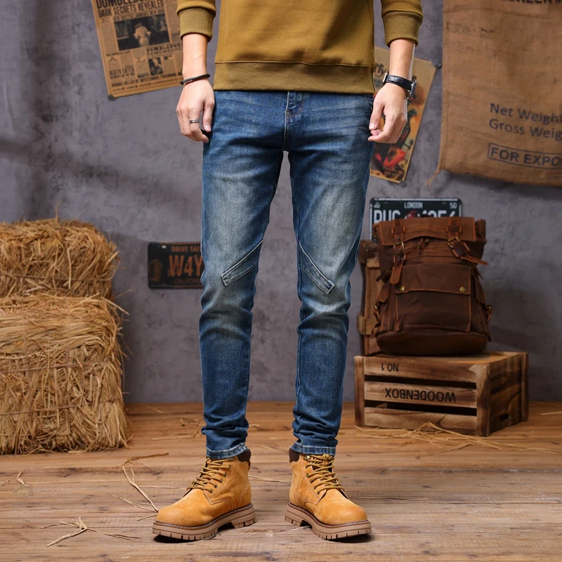 Autumn and winter men's retro trend slim fit elastic splicing motorcycle small leg jeans men jeans for men  skinny jeans men