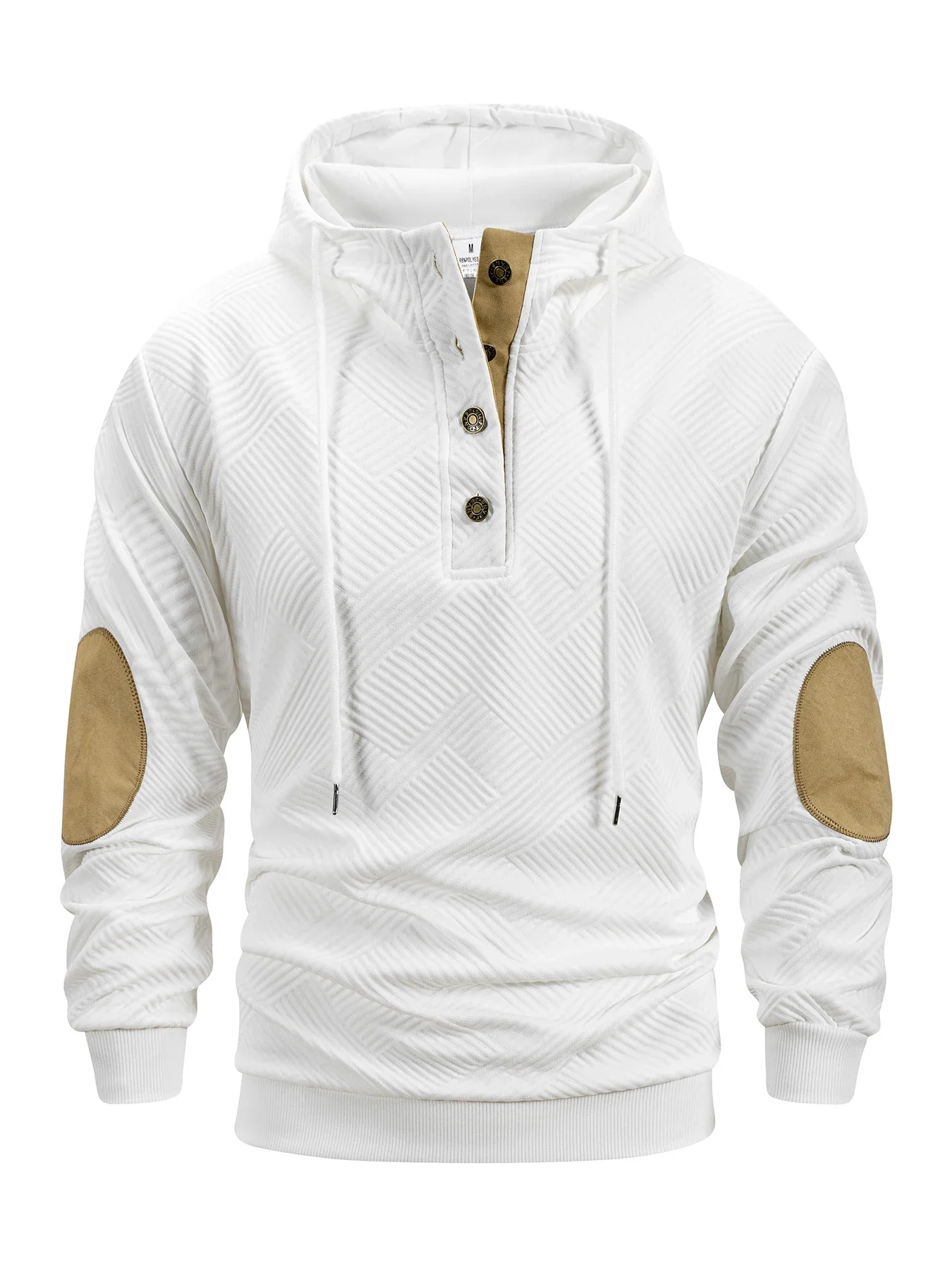 Men's Hooded Henley Sweatshirt Metal Buttons Suede Elbow Patches Geometric Textured Drawstring Ribbed Cuffs Casual Pullover Top