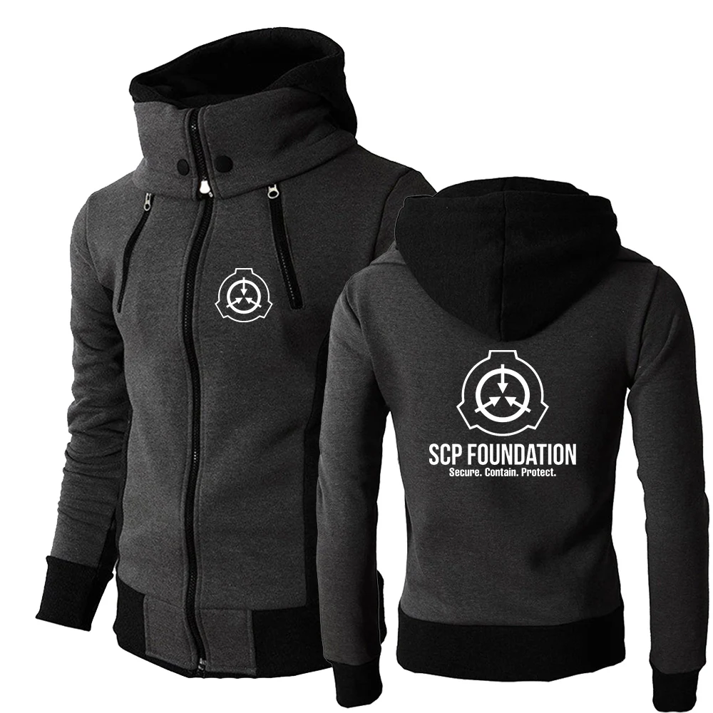 2024 Spring Autumn Mens SCP Foundation Secure Contain Protect Logo Print Streetwear Casual Solid Color Double Zip Hooded Hoodies