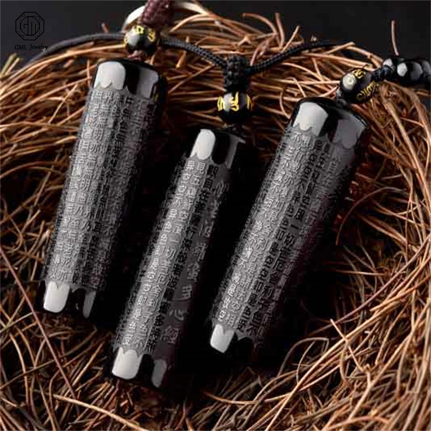 Natural Black Obsidian Heart Sutra Pendant Engraved Buddhist Scripture Amulet Unisex Men Women Long Chain Sweater Necklace