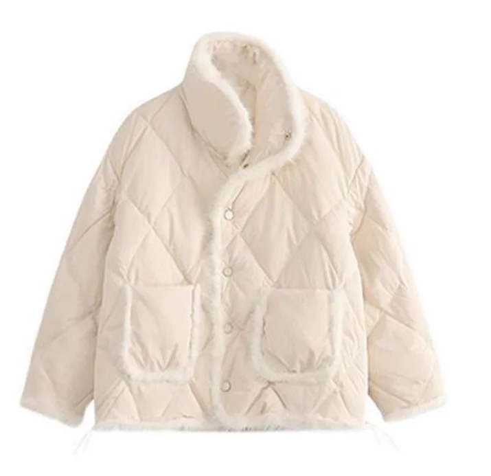 女性用新作冬物ゆったり長袖多用途韓国風綿入りジャケットファッション年齢層を問わず暖かいダイヤモンド格子柄ショートコート