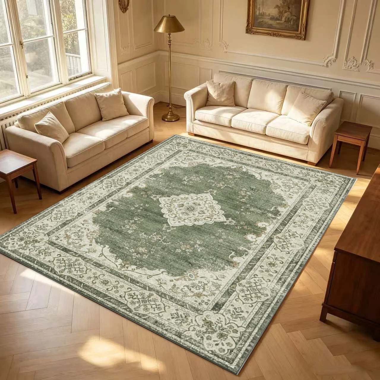 Vintage Distressed Green Medallion Bohemian Rug Carpet Flooring Living Room