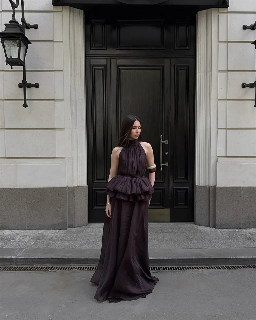 Mila Chic Halter Neck Dostosowane sukienki imprezowe Bez rękawów Kaskadowe wzburzone suknie balowe Eleganckie suknie wieczorowe do podłogi