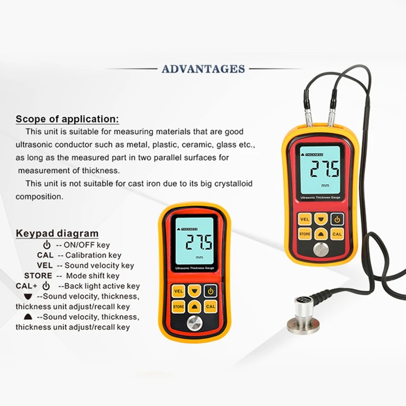 HOT SALE GM100 Digital LCD Display Ultrasonic Thickness Gauge Metal Glass Ceramics1.2-225Mm Sound Velocity Meter 0.1Mm Resolutio