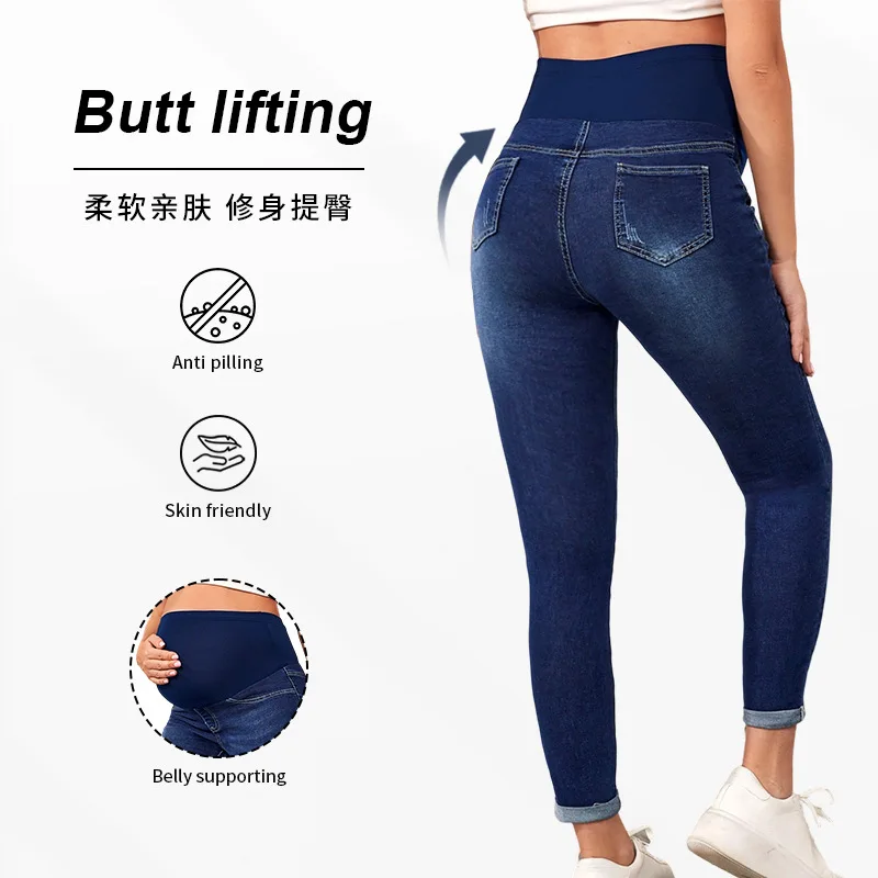 European And American Pregnant Women's Jeans - High-Waisted  Padded  Elasticated Maternity Pants For Fall And Winter