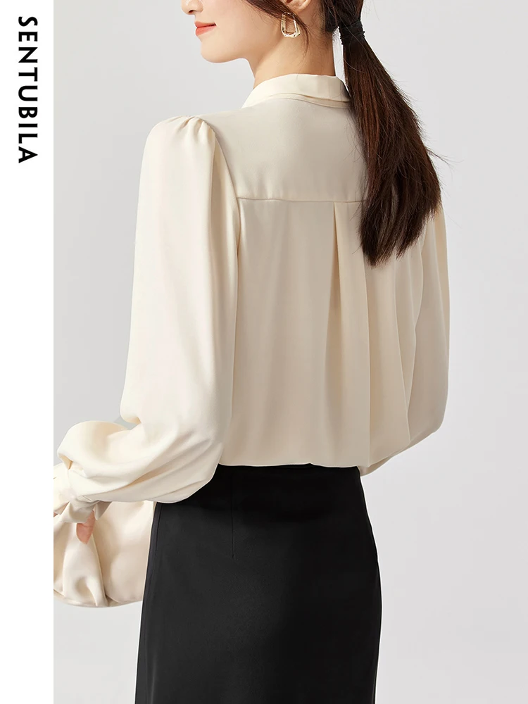 SENTUBILA Elegant Bow Neck Shirts & Blouses Women 2024 Office Lady Fashion Frenchy Long Sleeve Tops Woman Clothing 131V47412