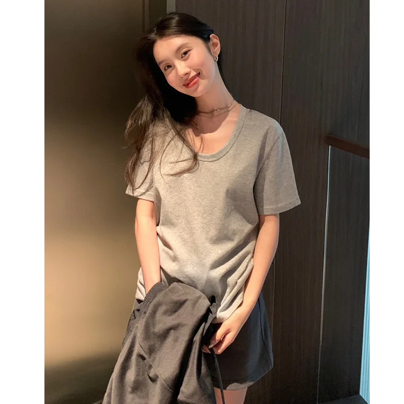 Nantao Korean Style Lazy U-Neck Short-Sleeved T-shirt Women's 2024 Spring and Summer Thin Solid Color Inner Wear Simple Slimming