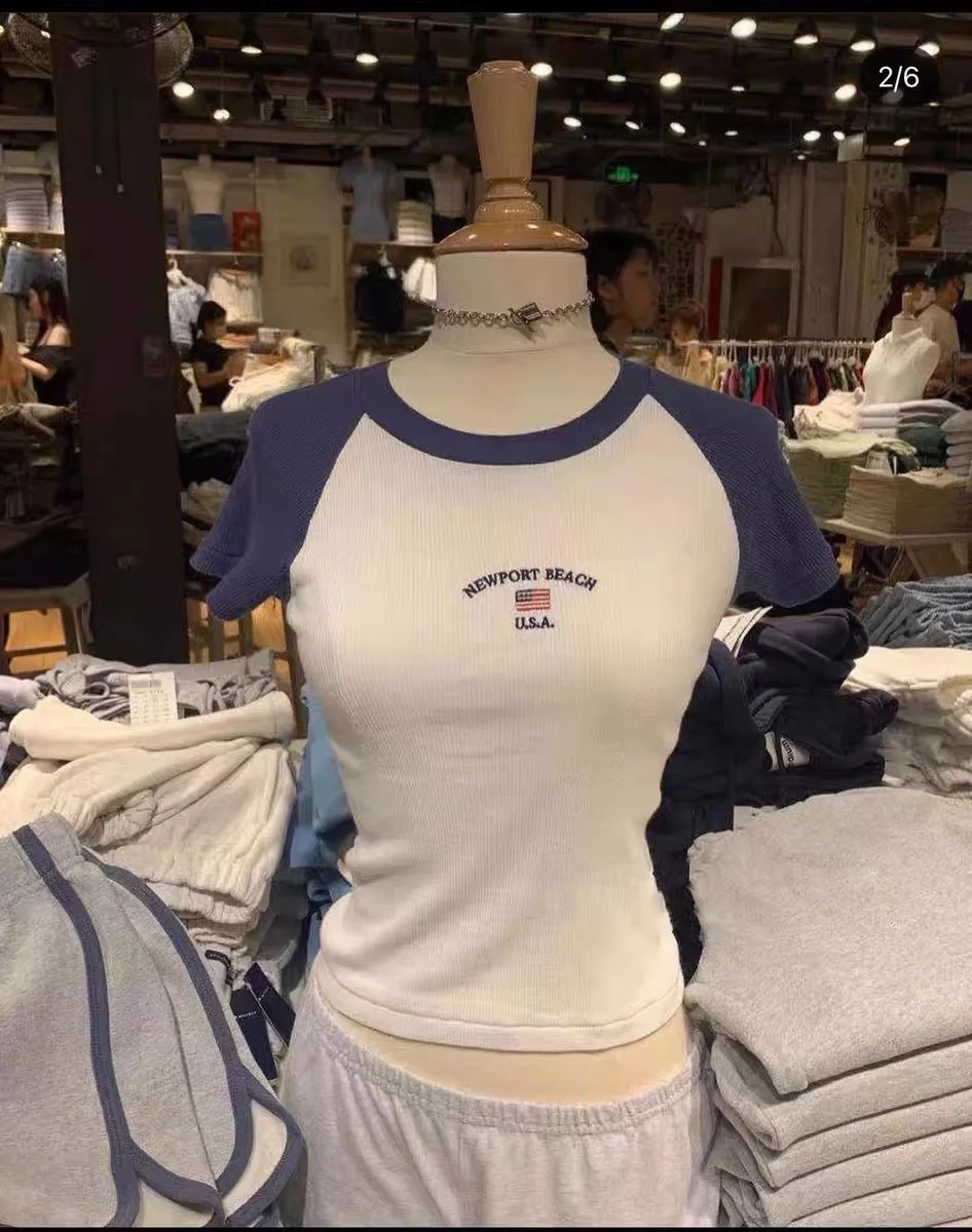 

Letter Embroidery Ribbed Slim Crop Top Women Round Neck Contrast Short Sleeve Tee Shirts American Vintage Fashion T-shirt Y2k