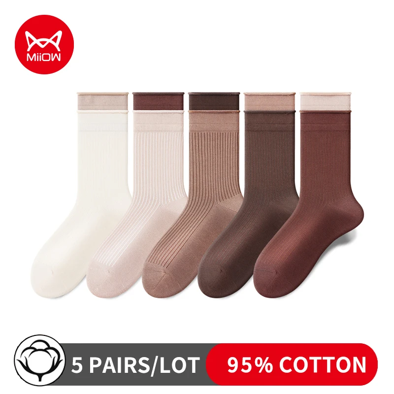 MiiOW 5Pairs Contrasting-colour Striped Women's Socks Women Softness Antibacterial Stockings Breathable Socks Sports Trend Socks