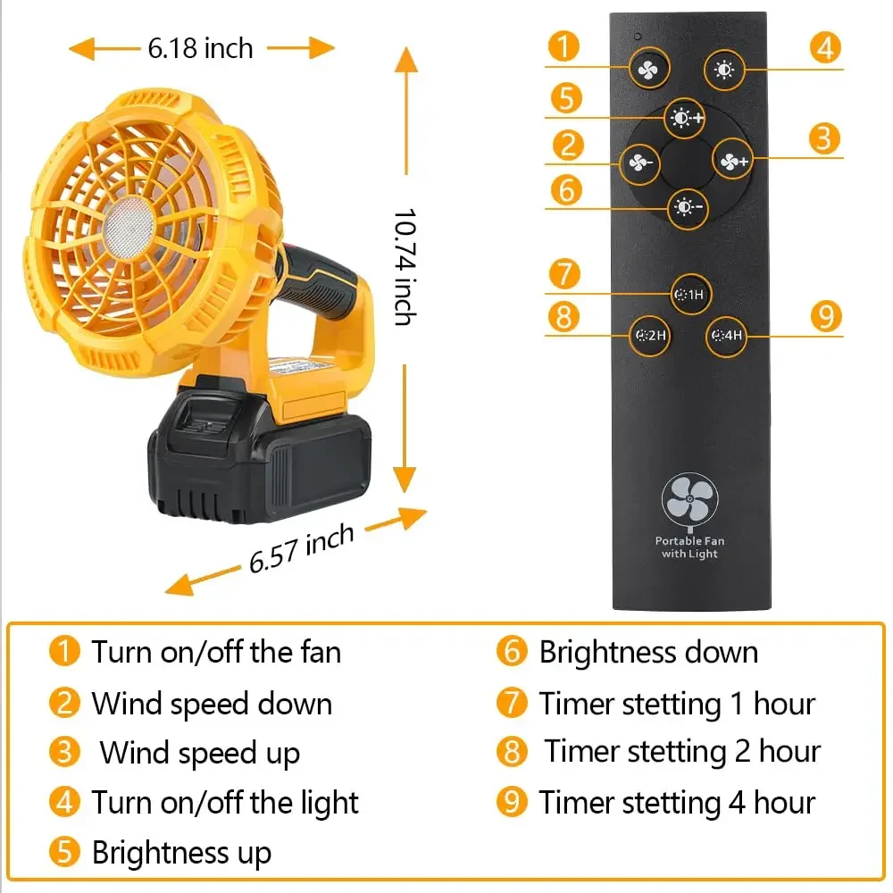 For Dewalt 20V Li-Ion Battery Portable Cordless Fan Battery Powered Camping Fan with Remote Control and 3 Wind/Brightness Modes