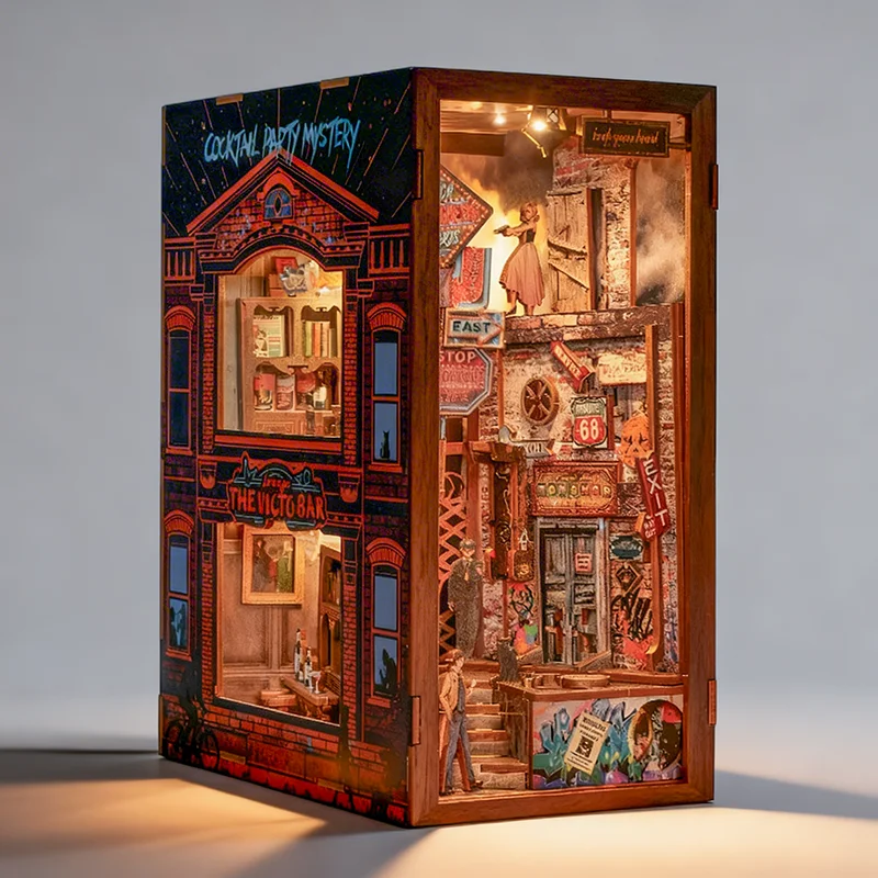 Vintage Street Bar Book Nook Kit Wooden DIY with LED Light Mystery Themed Gift for Collectors Home Decor
