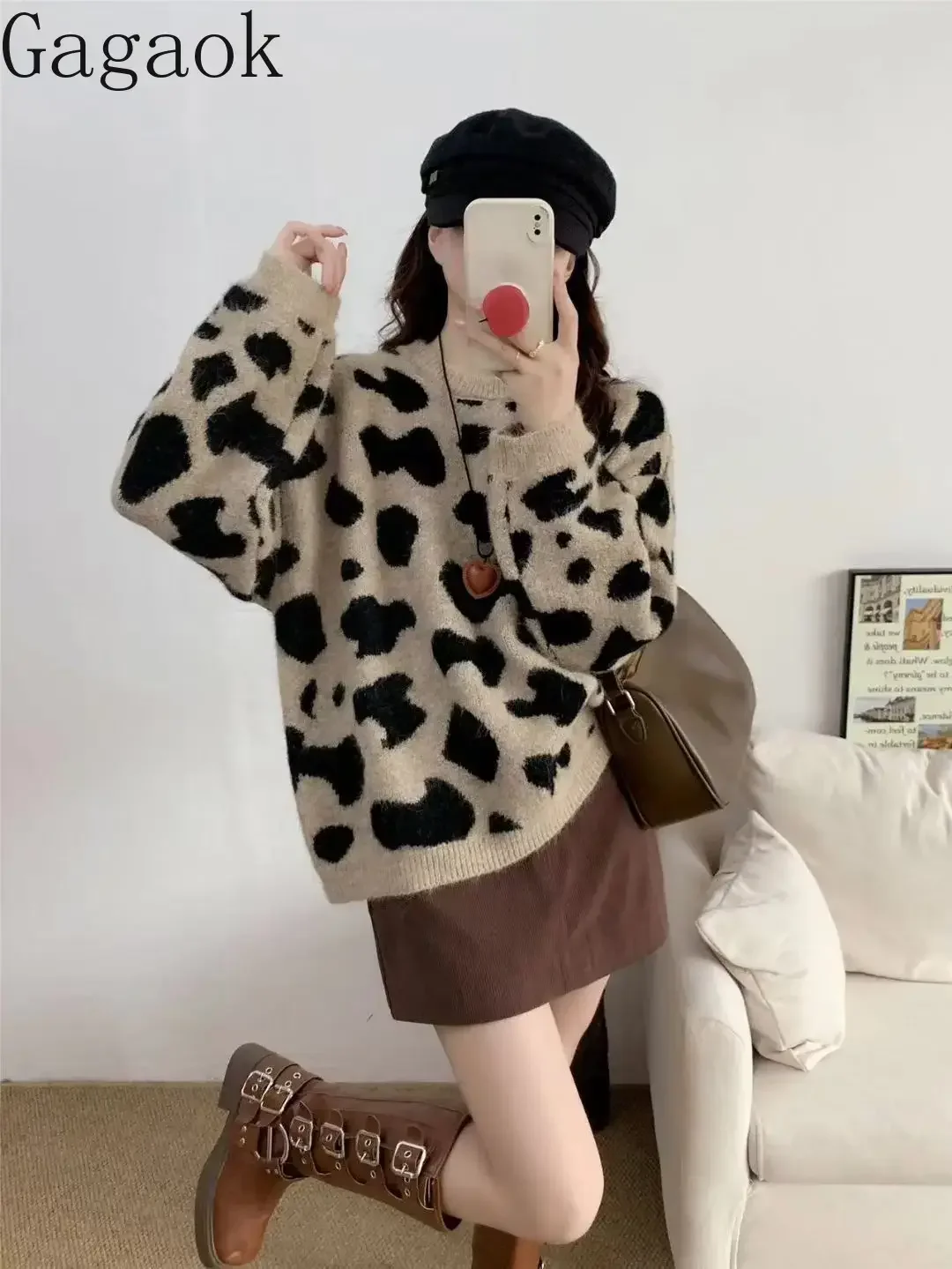 Gagaok Autumn Retro Pullover Sweaters Women Leopard Jacquard Knitted Sweater Korean Fashion O Neck Long Sleeve Top Casual