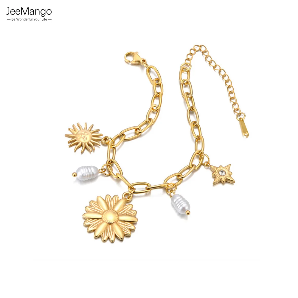 JeeMango-pulsera con dije de perla y flor de sol para mujer, de acero inoxidable, resistente al agua, chapada en oro de 18k, cadena para muñeca, regalo de fiesta B25105