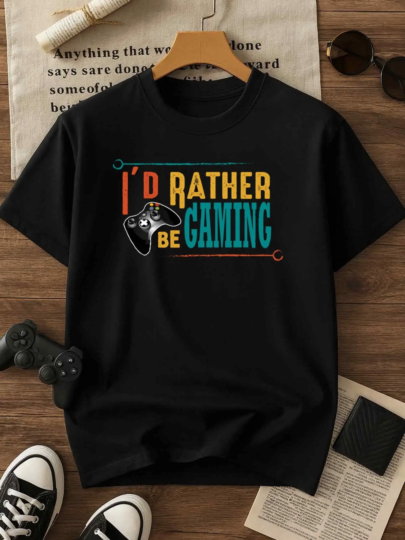 Men's Fun Gaming T-Shirt - I'D Rather Be Playing Games Slogan and Controller Design - Black Casual Loose Fit T-Shirt, Suitable for Gamers, All Seasons, Perfect Gift for Video Game Enthusiasts, Casual Apparel