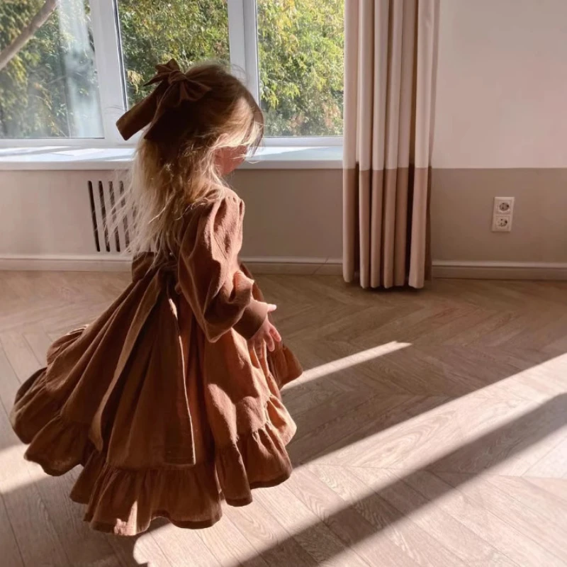 Girls Casual Dresses Fall/Winter 2025, Adorable Cotton Linen Butterfly Knot Princess Lolita Tail Dress, Palace Style  Children