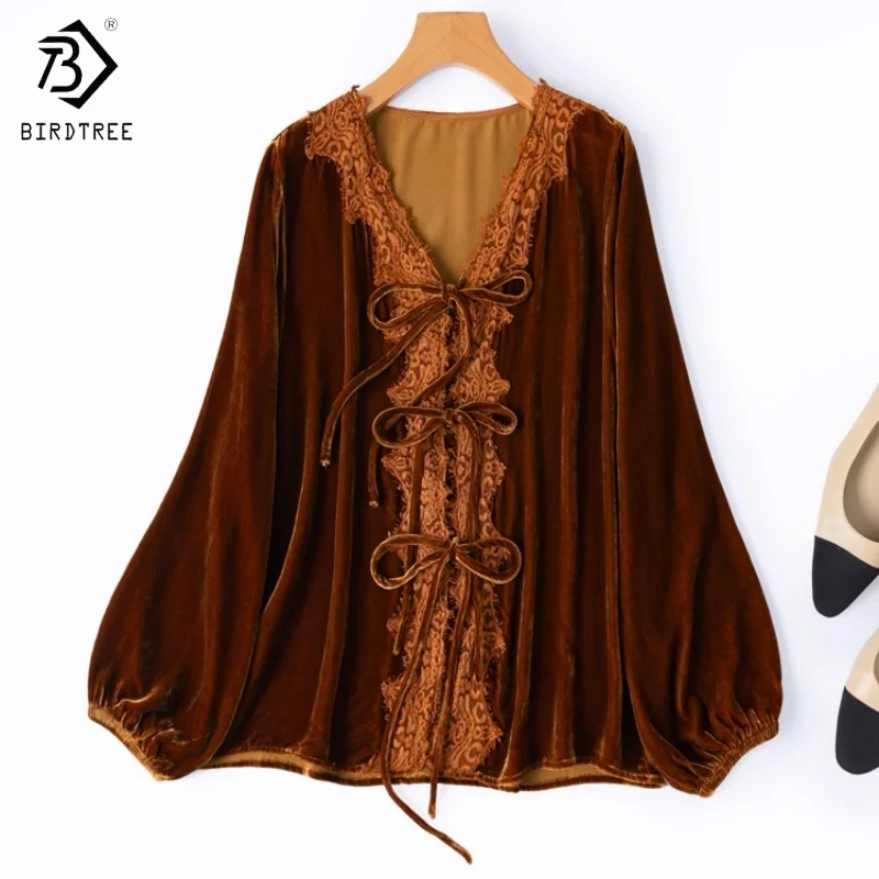 

Birdtree, бархатная блузка из 100% тутового шелка, женские кружевные элегантные топы с v-образным вырезом и поясом, полный рукав, осенне-зимняя рубашка 2025 T5N706JF
