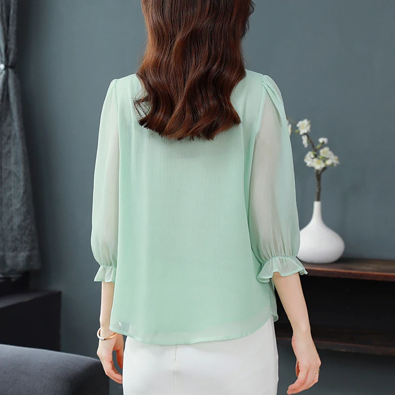 M-4XL Spring Summer Women Tops 2024 New Fashion Chiffon Blouse Petal Collar Half Sleeve Bow tie Loose Casual Shirt