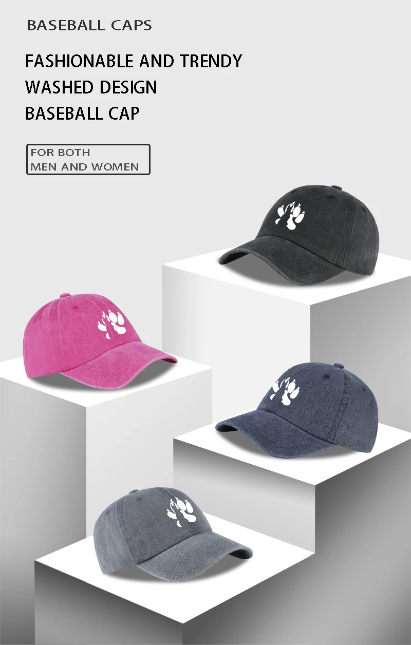 Wolf Paw Print Washed Baseball Cap, verstellbarer Unisex-Vintage-Sonnenhut für den Außenbereich – Detail 1