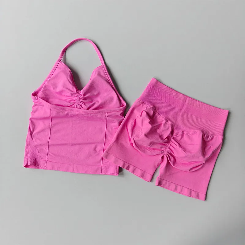 

Women's Seamless Fitness Two-Piece Suit High Elastic Knitted Sports Bra And Yoga Shorts Set Beautiful Back Design Butt Lift Vest