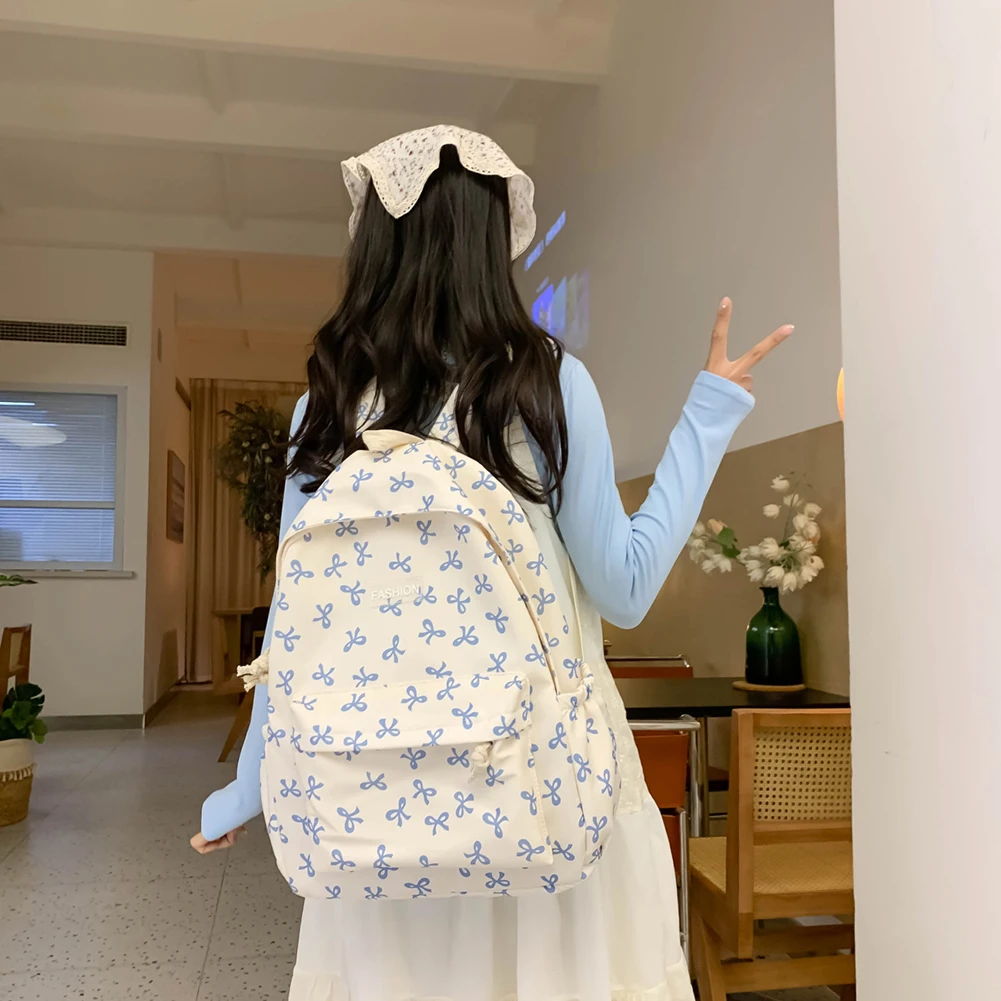 Nylon Student Backpack Bow Printed for Girls Women Schoolbag Adjustable Strap Travel Bag Cute Knapsack