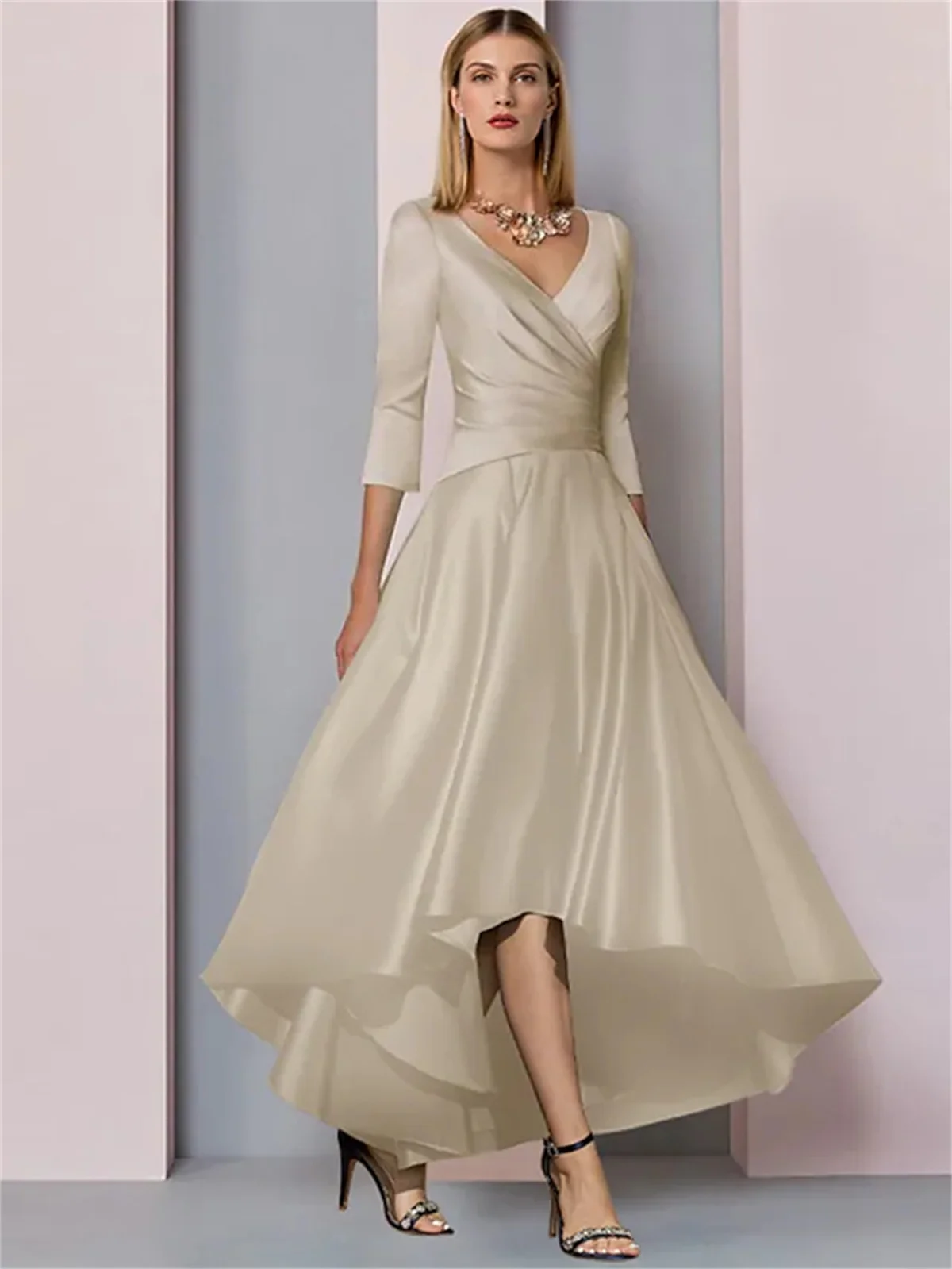 

Mom Outfit Bride Dress A-Line Wedding Guest Elegant Asymmetrical Ankle Length Satin Half Sleeve with Pleats Side-Draped 2023