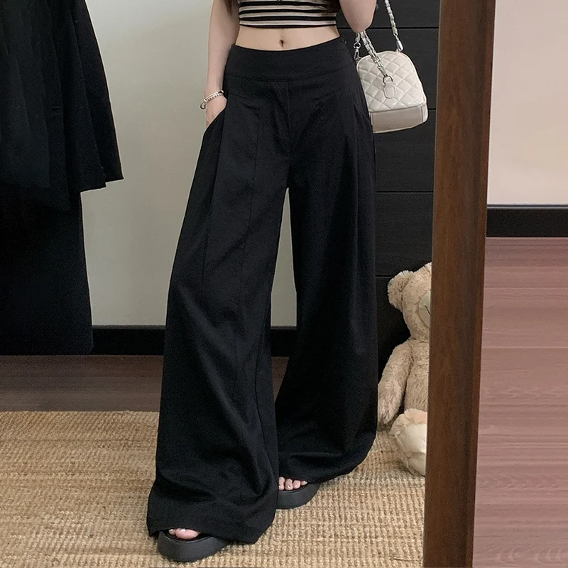 Y2K drapé kaki pantalon à jambes larges femmes printemps automne mince Baggy taille haute pantalon coréen léger luxe longueur au sol pantalon femme