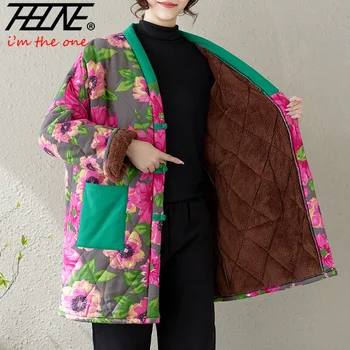 סתיו נשים חורף מעיל ארוך פרקסים כותנה מרופד מעיל קרדיגן עבות הפטשים סגנון סיני דיסק אבזם