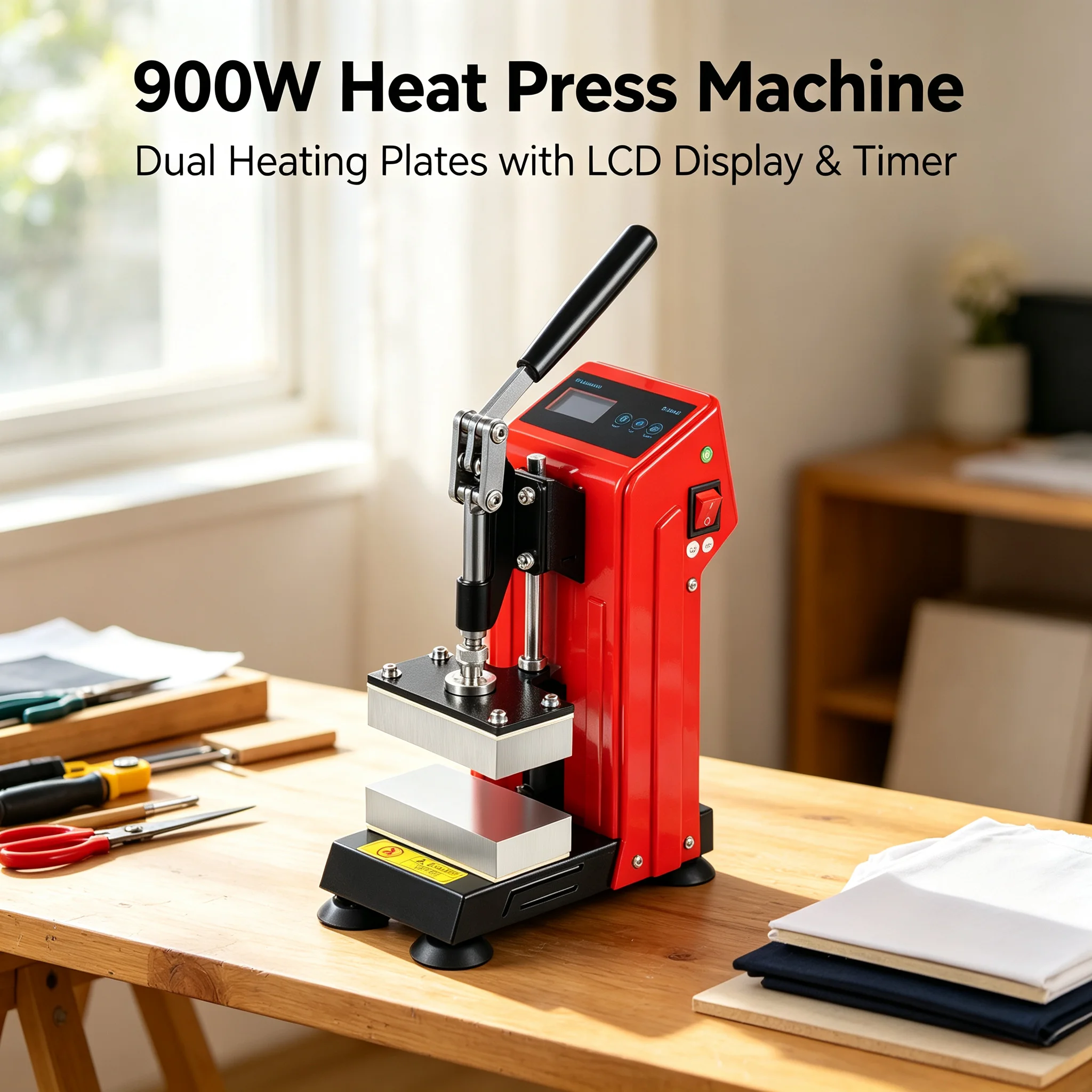 Heat Press Machine 900W Rosin Press for Extraction, 0-400°F Dual Heating Plates with LCD Display & 0-999S Timer, Manual Press for T-Shirt Leather Craft, Red