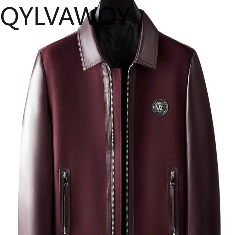 

QYLVAWOY 2025 осенне-зимняя мужская куртка из натуральной кожи, утепленная шерстяная куртка с хлопковой подкладкой, верхняя одежда, повседневное кожаное пальто LJ2633