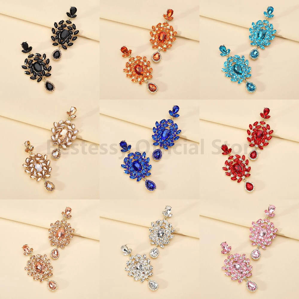 Luxury Colorful Geometric Dangle Earrings For Women Fashion Glass Pendant Big Chandelier Ear Jewelry Bridal Wedding Party Gifts