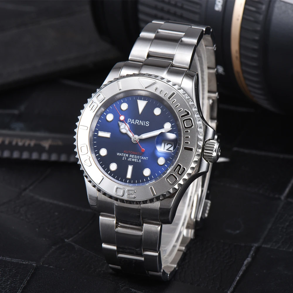 Fashion Parnis 40mm Blue Dial Automatic Men Watch Silver Ceramic Bezel Sapphire Glass Miyota 8215 Mechanical Watches Luxury 2024