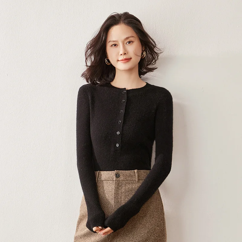 

New Women's Round Neck Knitted Sweater Long Sleeve Base Shirt Slim Fit Inner Layer Half Button 100% Cashmere Pullover Sweater