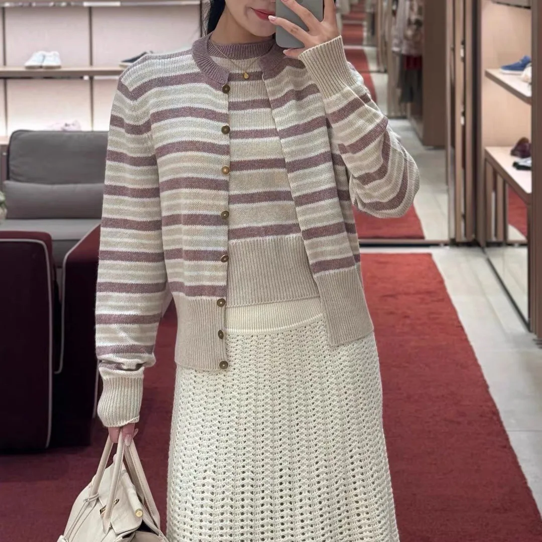 Damski kardigan z dzianiny wełnianej w paski, z długim rękawem, dopasowany, ciepła odzież damska na jesień i zimę, eleganckie topy.