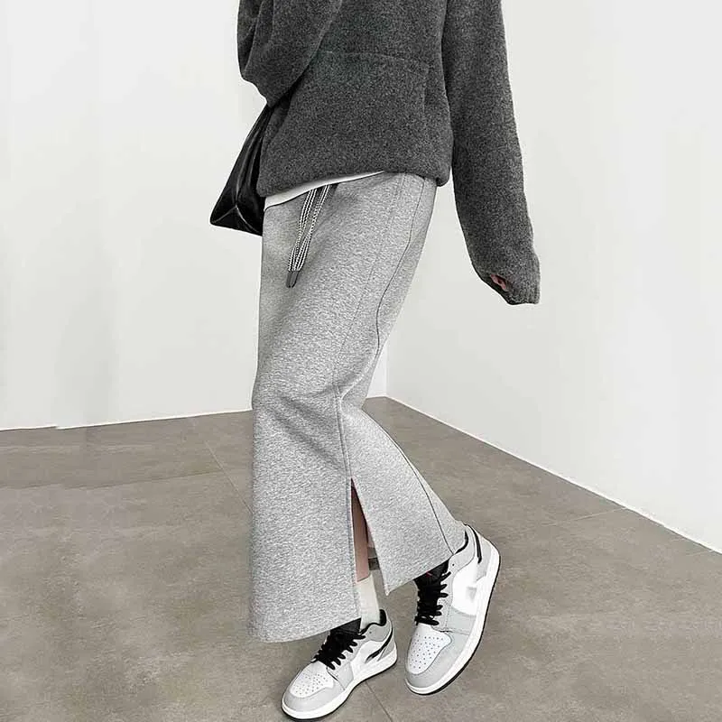 Women's Gray Split Midi Skirts Elasticity Waist Casual Loose Long Skirts Female Autumn Winter Thicken Plus Velvet Straight Skirt