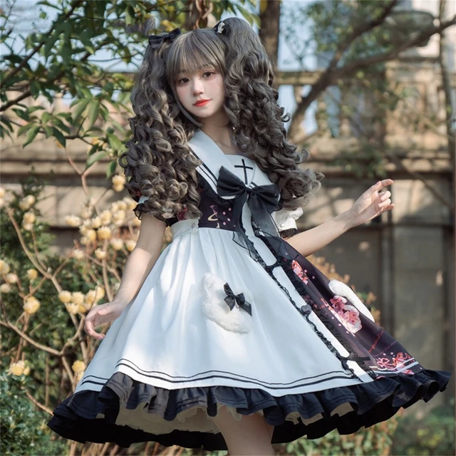 Japanese Style Cosplay Lolita Cute Girls OP Kawaii Cute Loli Doll Collar Cross Print Bow Love Plush Pocket Striped Hem Dress AliExpress 200000532