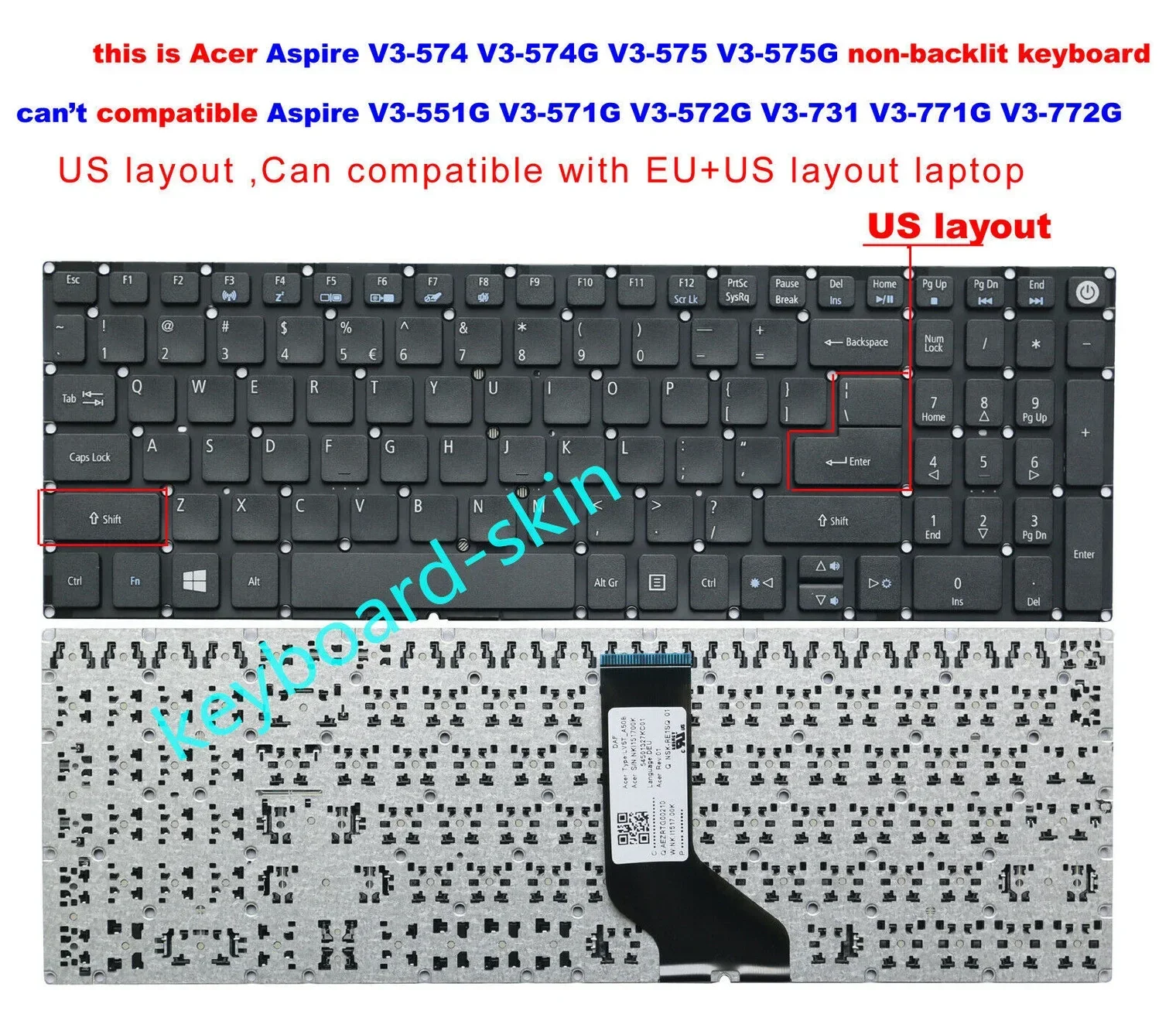 New US NO-backlit keyboard For Acer V3-574 V3-574G V3-574T V3-575 V3-575G laptop