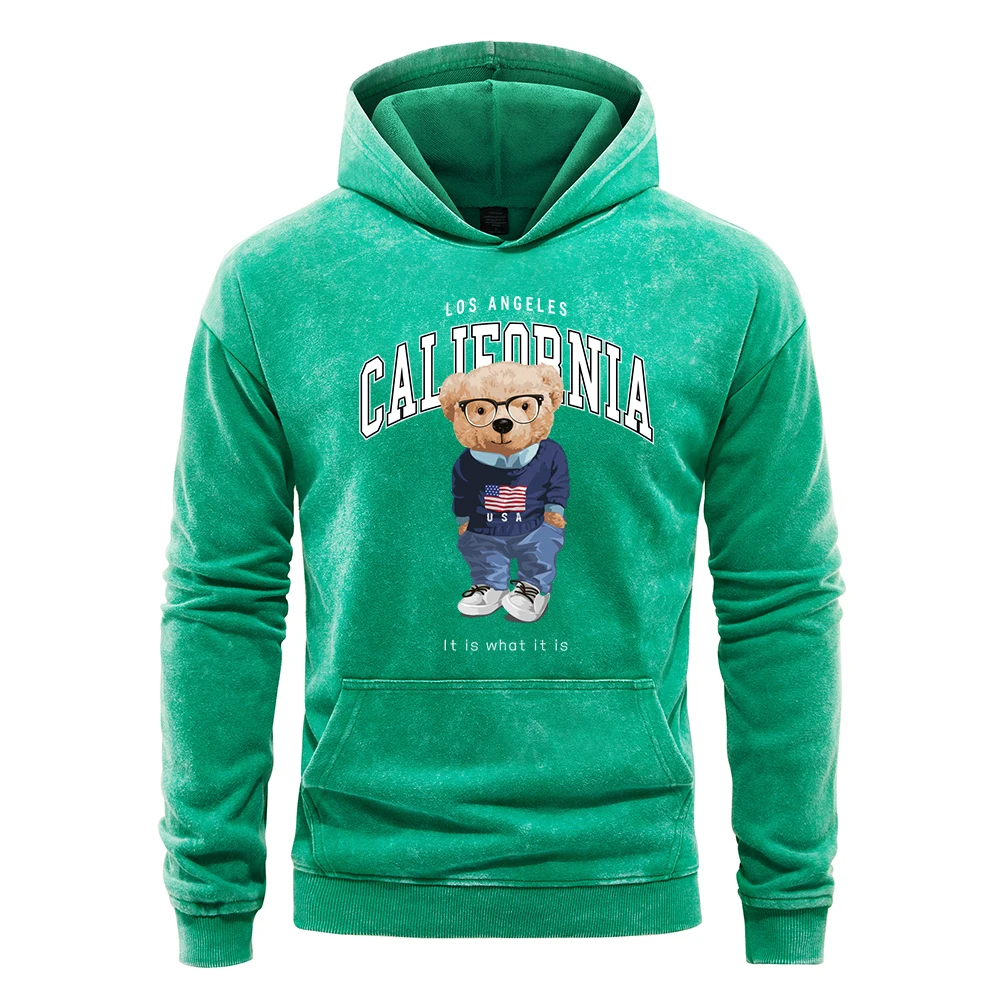 It Is What It Is Los Angeles Bear Print Men Washed Hoodies Fashion Loose Hoody Casual Cotton Hoodie All-Match Soft Sportswear