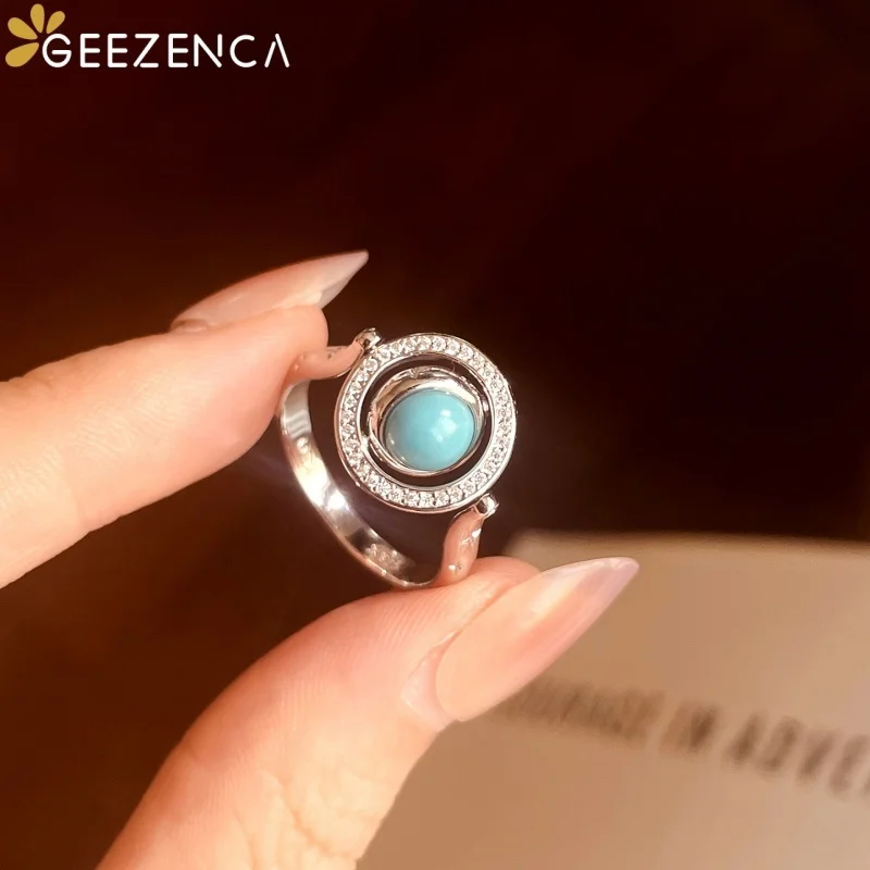 GEEZENCA 925 Sterling Silver Star Band With Rotatable Round Disc Turquoise Amethyst Rings Women Dainty Stacker Ring Party Gift