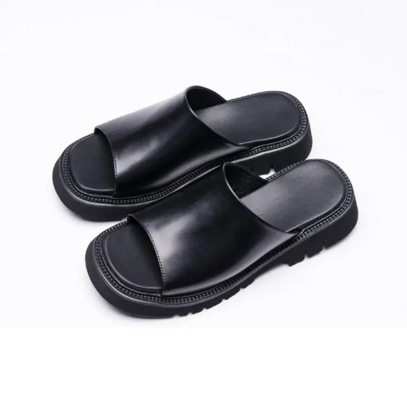 New Summer Genuine Leather Slippers Men Slides Sandal Shoes 4cm Height Increase Outdoor Leisure Shoes Slip-On Slippers Sandals