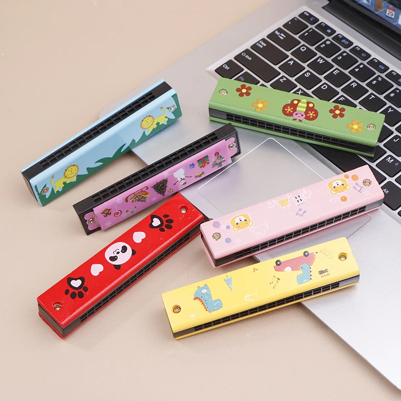 1PC Cute Montessori Educational Toys Cartoon 16 Holes Key Wood/Iron Harmonica Mouth Organ Kids Musical Wind Instrument Gift Toy