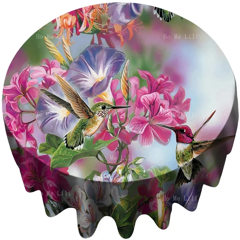 Spring Flowers And Birds Flying Hummingbird Colorful Trees Nature Modernist Waterproof Round Tablecloth By Ho Me Lili